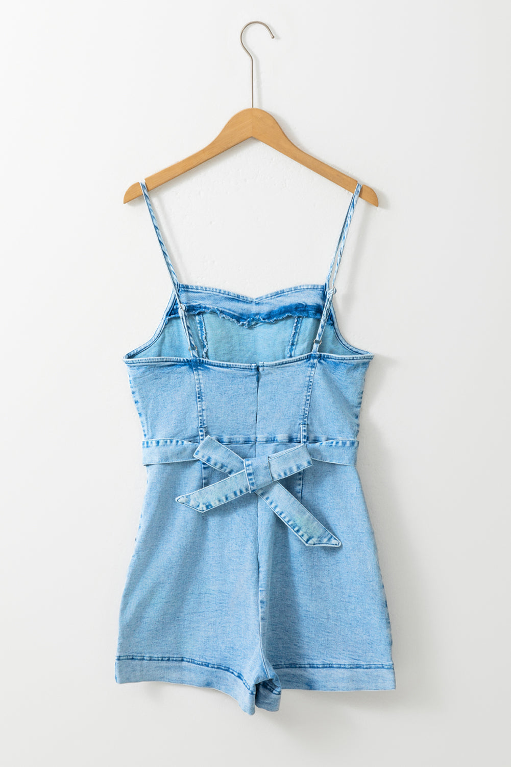 Light Blue Spaghetti Straps Belted Denim Romper