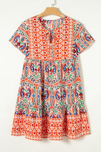 Orange Bohemian Print Tie Neck Ruffled Mini Dress