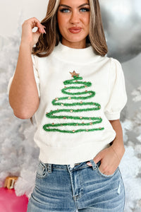 White Tinsel Christmas Tree Graphic Short Sleeve Sweater