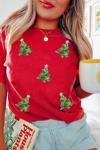 Red with Sequined Christmas Trees Crewneck T-Shirt