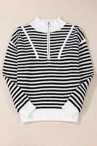 Black and White Stripe 1/4 Zip Mock Collar Drop Shoulder Sweater