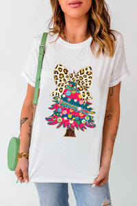 White Leopard Bow Decorated Christmas Tree Graphic Tee