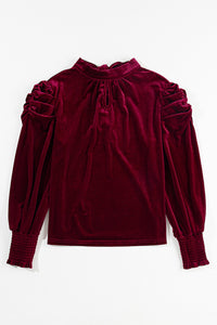 Burgundy Tie Back Neck Ruffled Sleeve Velour Blouse