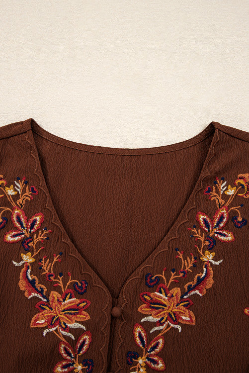 Brown Rust Floral Embroidered Tassel Tie Waist Long Sleeve Mini Dress
