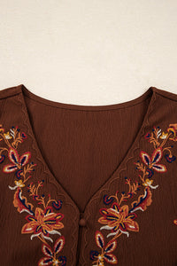 Brown Rust Floral Embroidered Tassel Tie Waist Long Sleeve Mini Dress