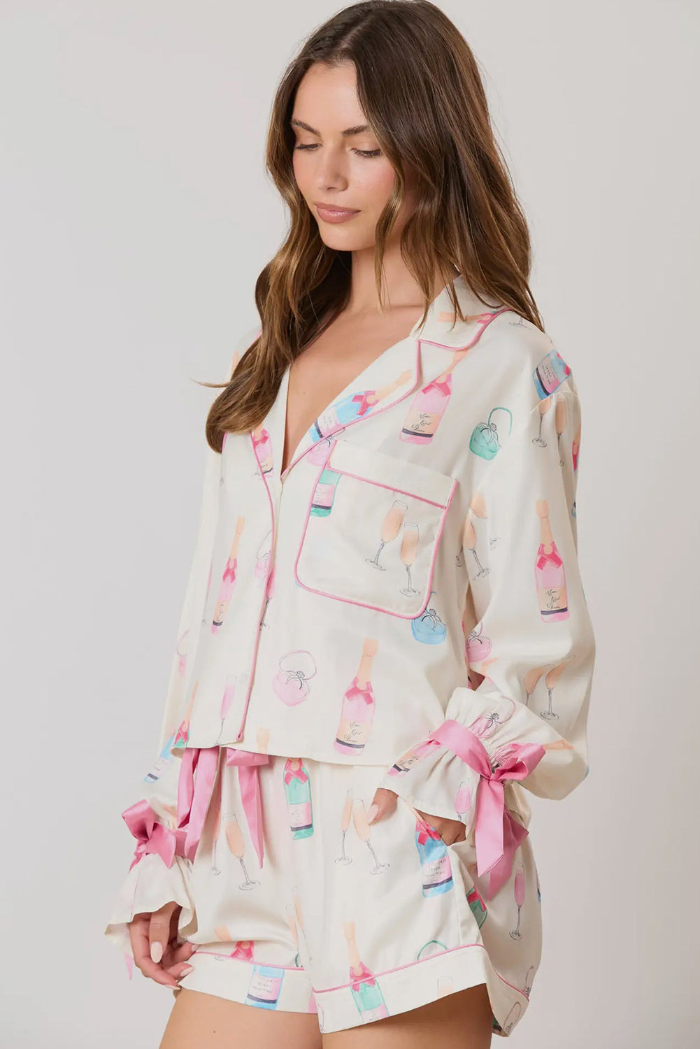 White Wine Glass Print & Pink Bow Ties Shorts Pajama Set