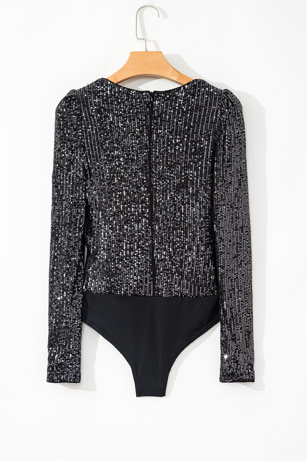 Black Sequin V-Neck Back Zip Up Long Sleeve Bodysuit