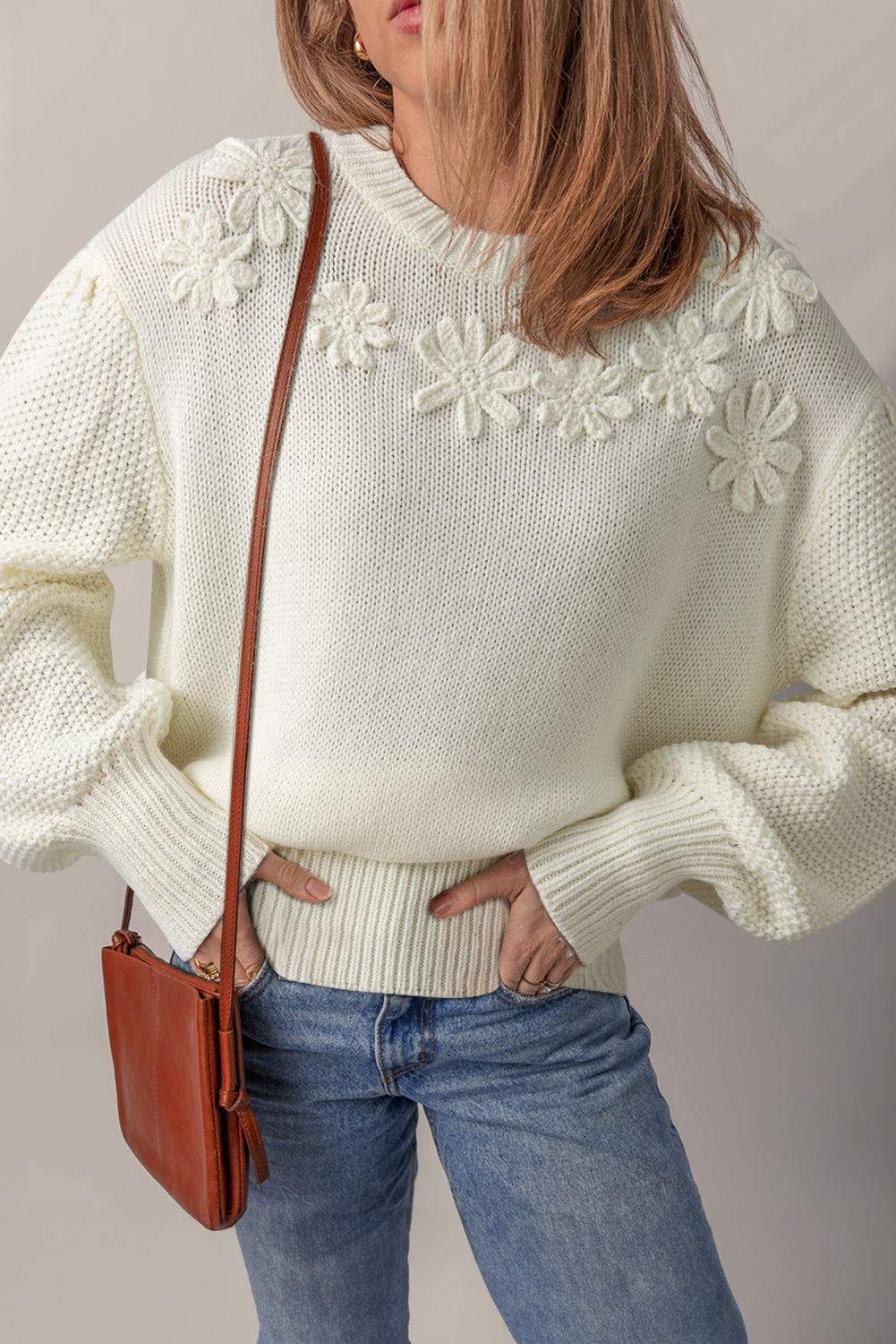 White Flower Embossed Neckline Puff Sleeve Sweater