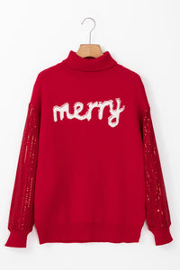 Red Sequined Sleeve White Merry Graphic Turtleneck Sweater