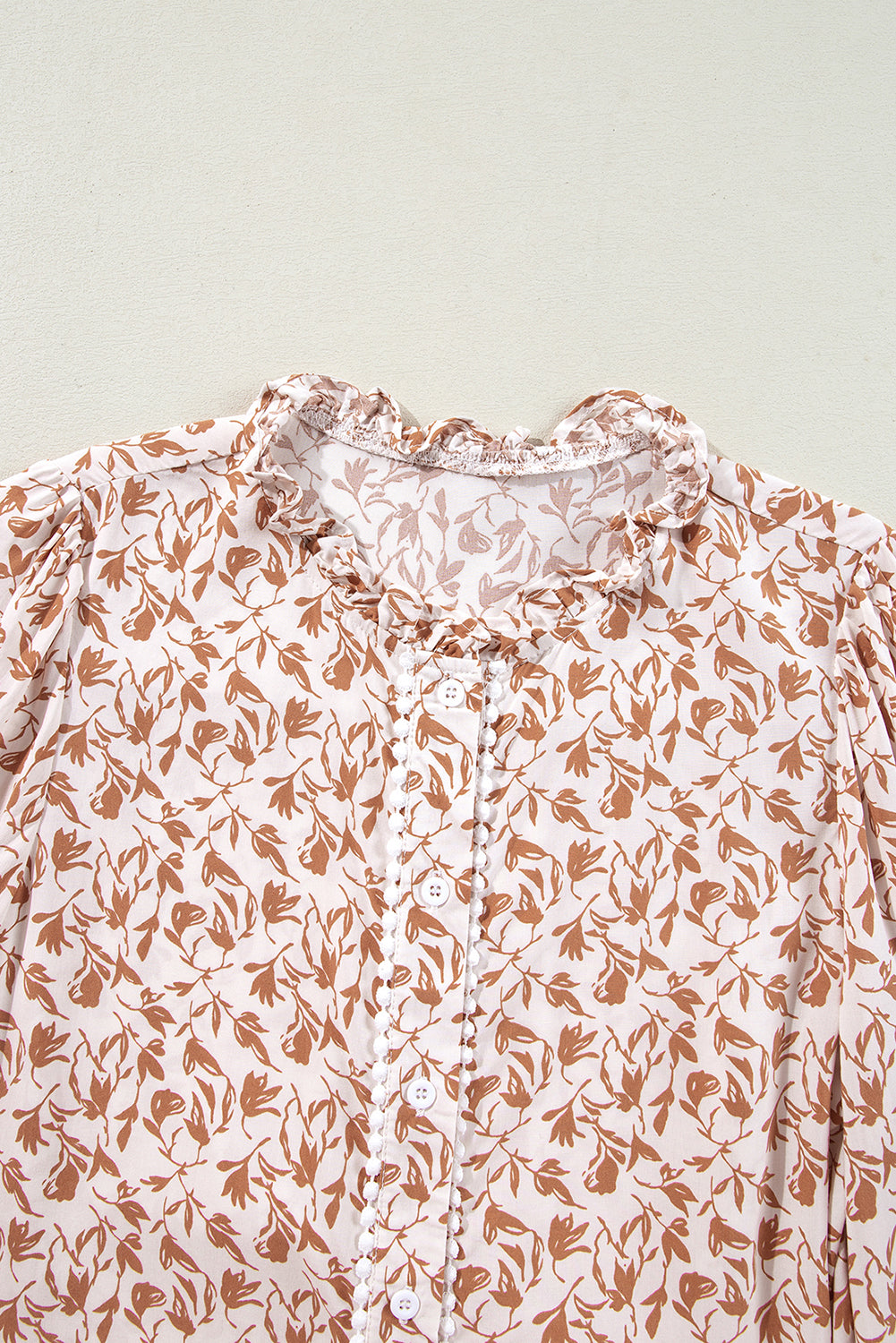 Brown Fall Floral Lace Detail Puff Sleeve Blouse