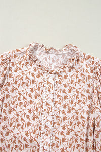 Brown Fall Floral Lace Detail Puff Sleeve Blouse
