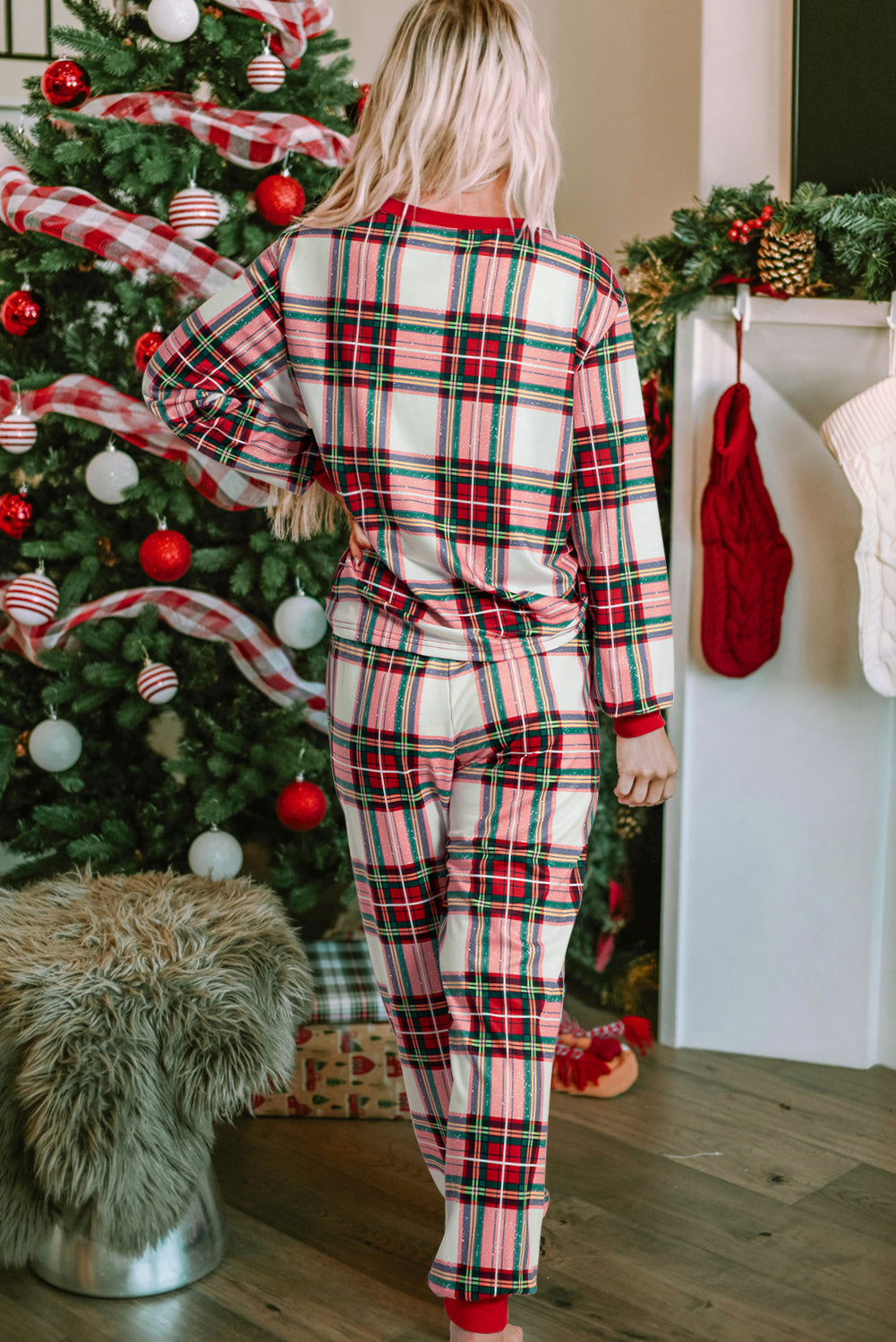 Red Christmas Plaid Long-sleeve Top and Pants Lounge Set