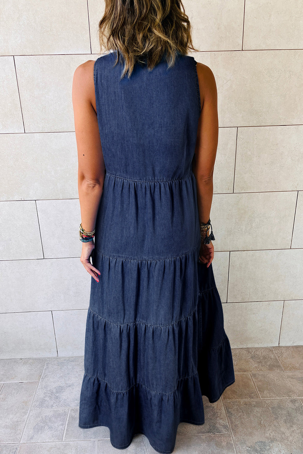 Dark Chambray Sleeveless Tiered Maxi Dress