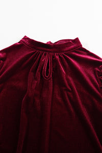 Burgundy Tie Back Neck Ruffled Sleeve Velour Blouse