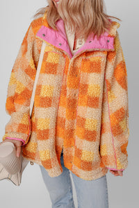 Orange & Yellow Checkered Sherpa Snap Up Pink Lined Hooded Jacket