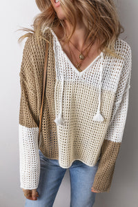 Tan and Cream Colorblock Tie V-Neck Lightweight Open Crochet Sweater