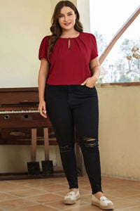 Red Keyhole Pleated Crew Neck Plus Size Short Sleeve Blouse