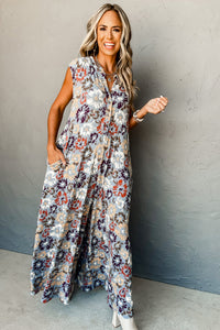 Khaki and Blue Floral Sleeveless V-neck Pocketed Wide Leg Jumpsuit