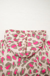 Fuchsia and Khaki Leopard Print Full Zip Front Pockets Hoodie