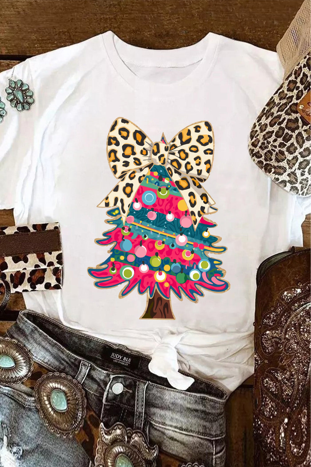 White Leopard Bow Decorated Christmas Tree Graphic Tee