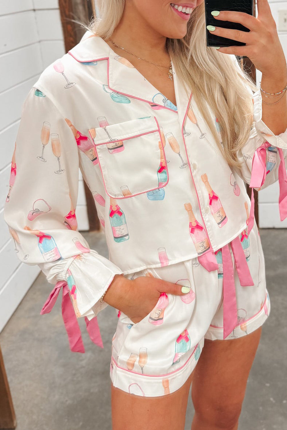 White Wine Glass Print & Pink Bow Ties Shorts Pajama Set