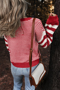 Red Stripe Long Sleeve Geometric Textured Knit Sweater