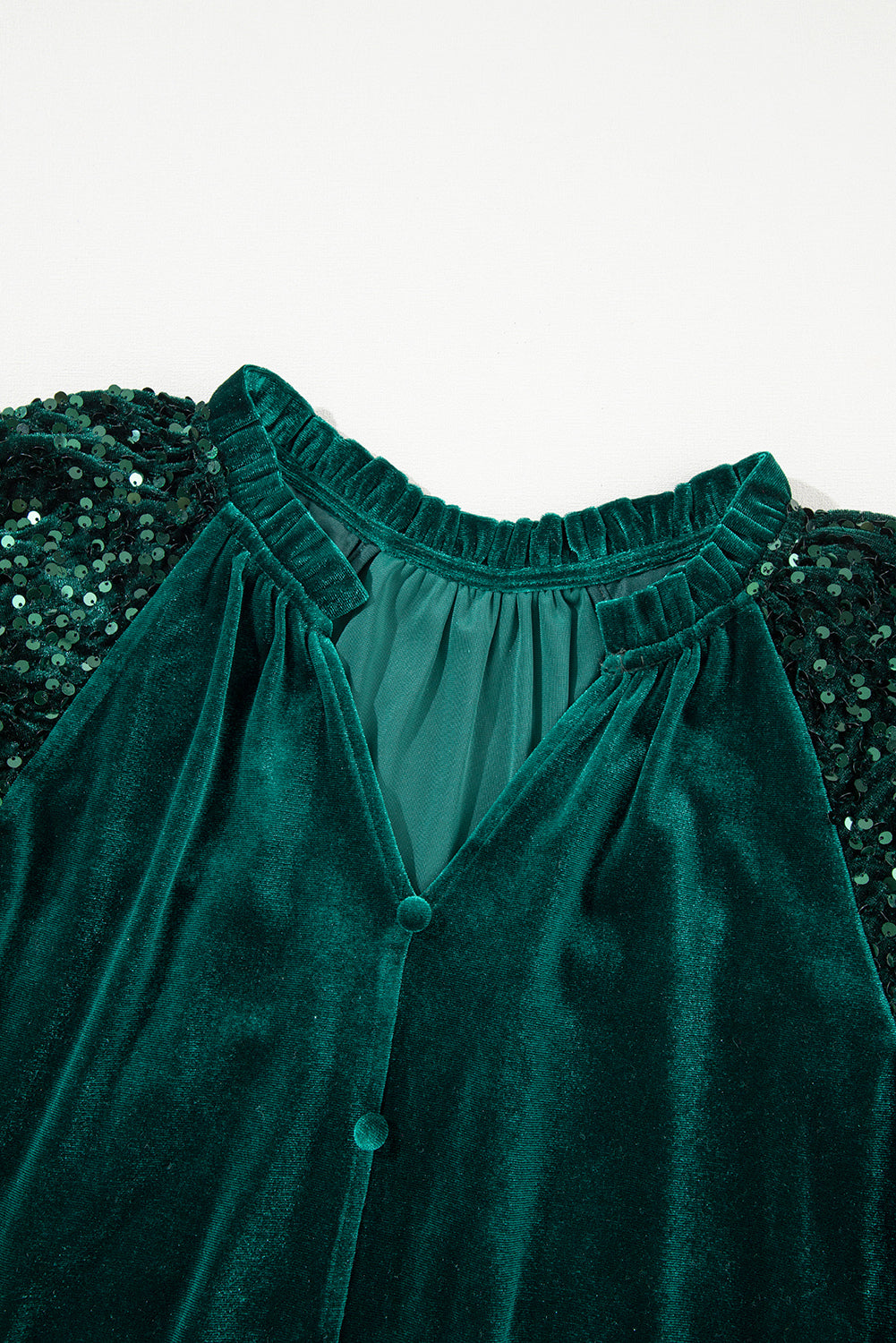 Emerald Sequined Sleeve V-Neck Button Up Velour Blouse