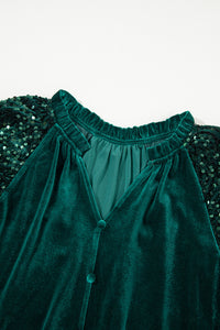 Emerald Sequined Sleeve V-Neck Button Up Velour Blouse