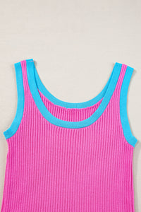 Bright Pink and Aqua Trim Ribbed Knit U-Neck Tank Top