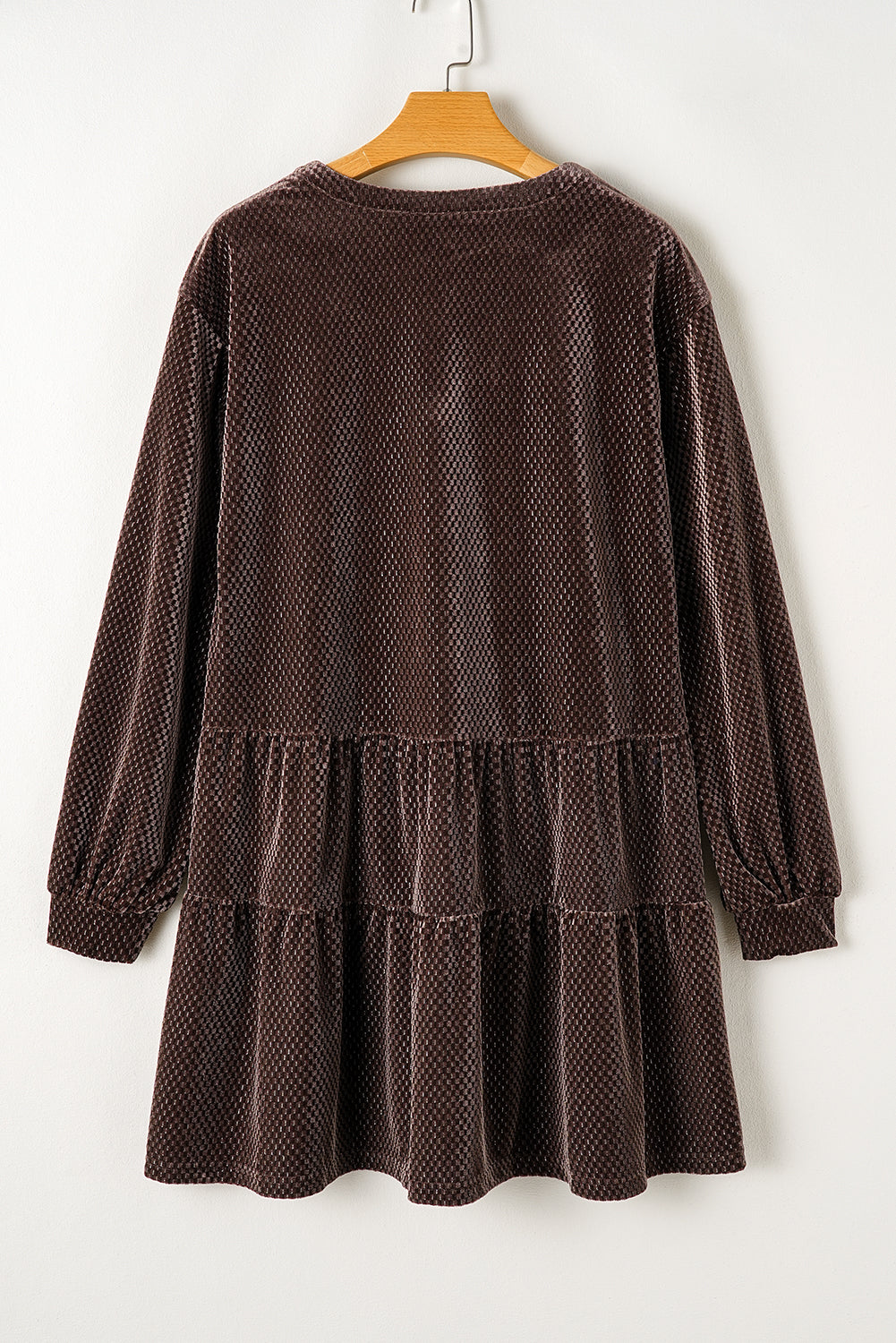 Dark Brown Textured Velour V-Neck Shift Dress with Pearl Button Accents