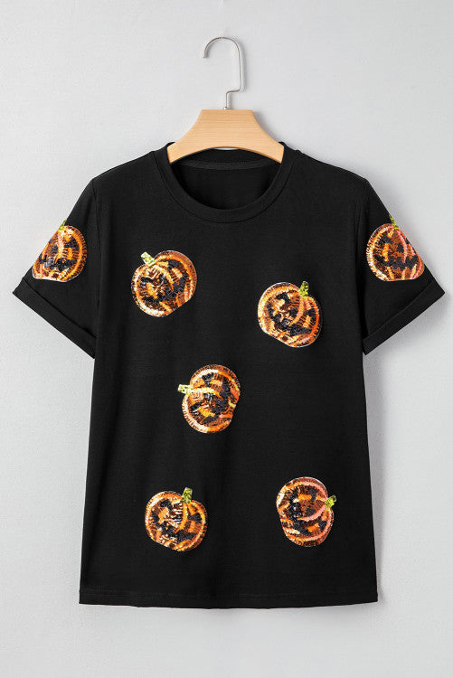 Women’s Black Pumpkin Jack-o-lantern Sequined Halloween Cuffed Tee