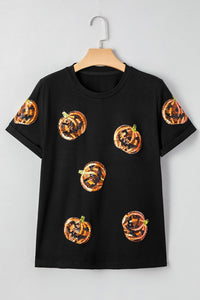 Women’s Black Pumpkin Jack-o-lantern Sequined Halloween Cuffed Tee