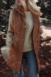 Brown Longline Quilted Stand Collar Snap Down Vest