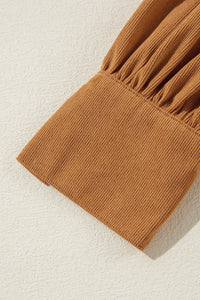 Golden Brown Corduroy Pleated Puff Sleeve Shift Dress