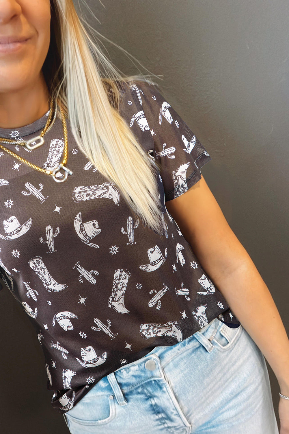 Black Western Pattern Mesh Sheer Crew Neck Tee