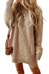 Beige Cable Knit Drop Shoulder Loose Fit Sweater Dress