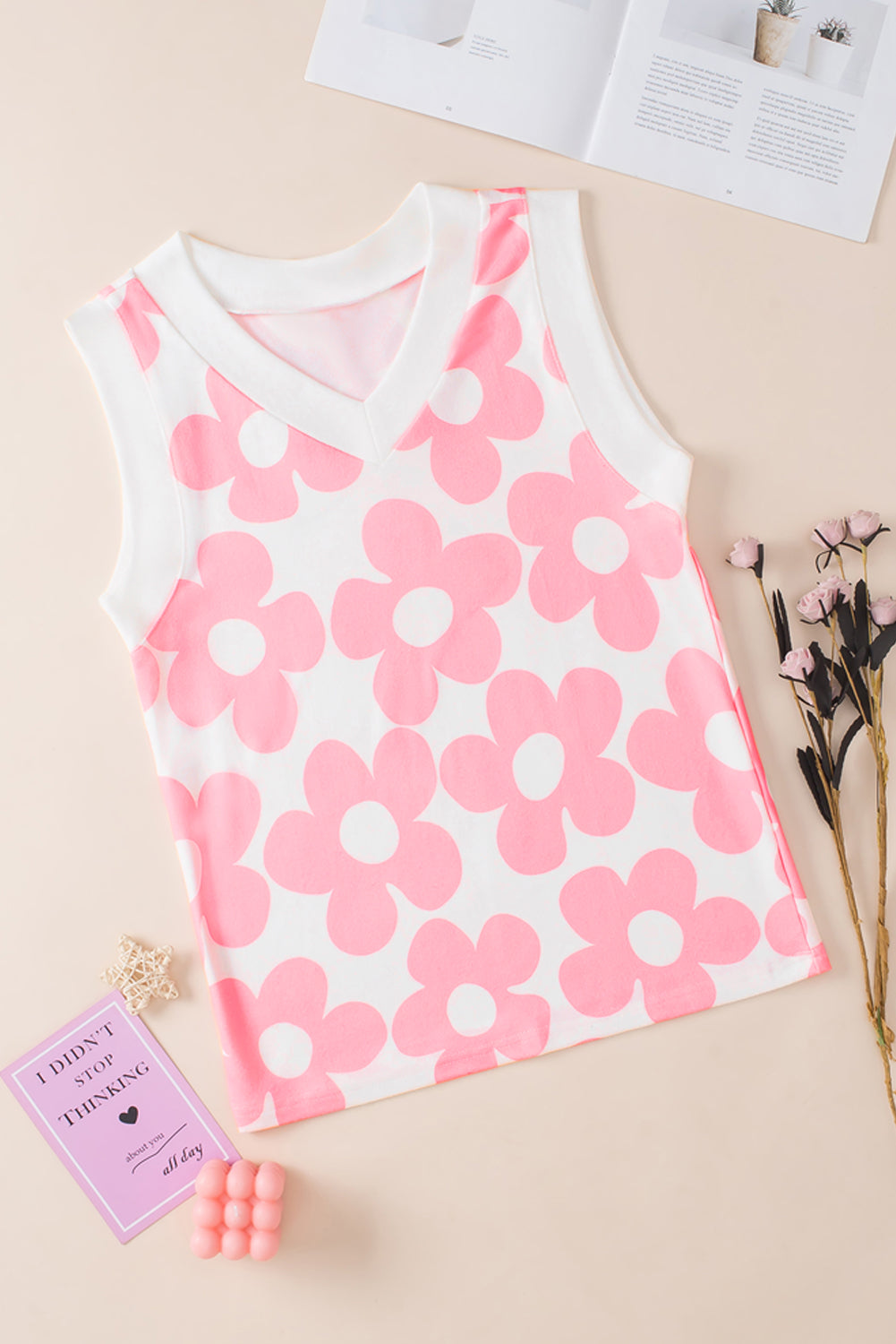 Pink Cute Flower V-Neck Knit Tank Top
