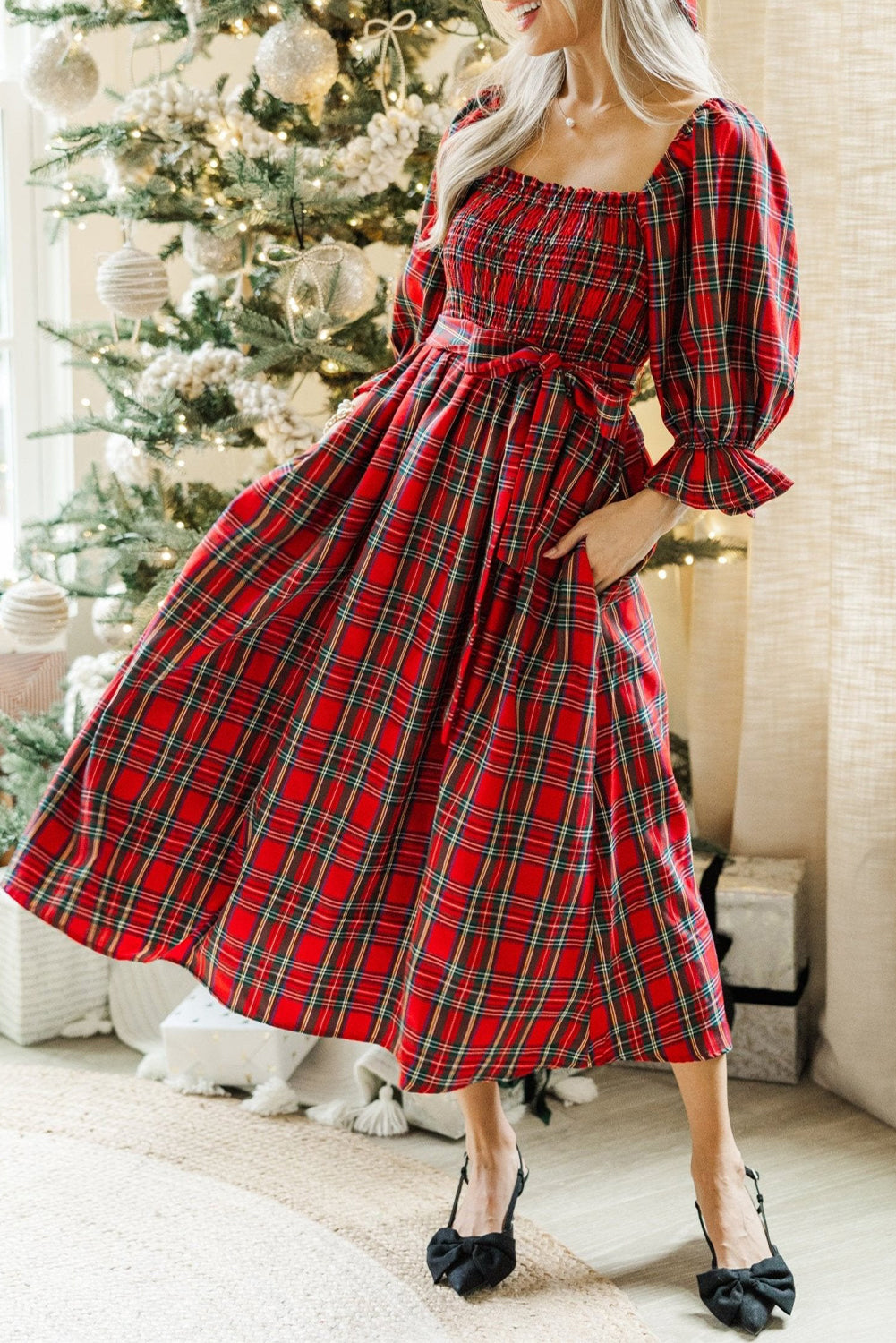 Red Tartan Plaid Smocked Square Neck 1/2 Puff Sleeve Tie Waist Midi Dress