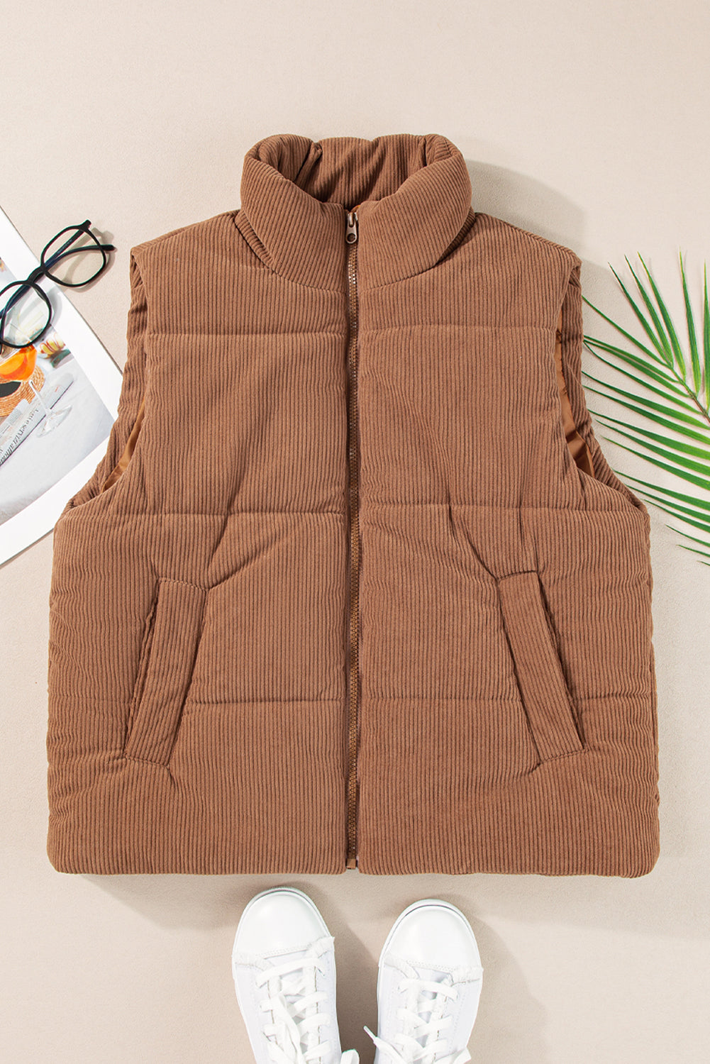 Light Brown Corduroy Stand Up Collar Zipped Puffer Vest