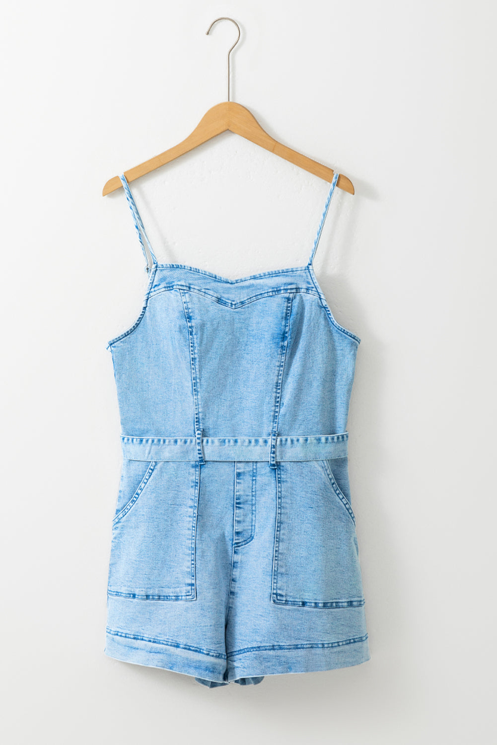 Light Blue Spaghetti Straps Belted Denim Romper