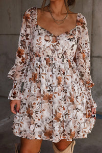 Brown Fall Floral Sweetheart Neck Long Sleeve High Waist Mini Dress