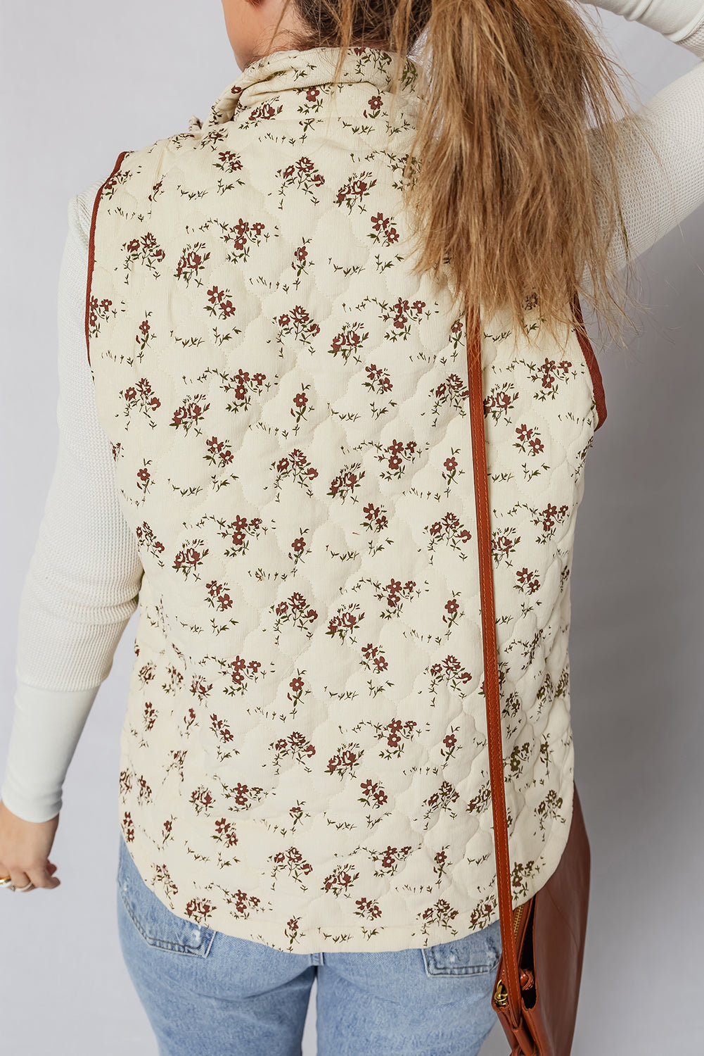 Cream Fall Floral Zip Up Snap Brown Trim Quilted Vest