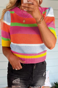Bright Pink and Orange Striped Cropped Short Sleeve Sweater
