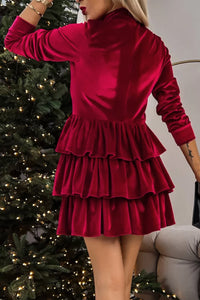 Red Velvet Mock Neck Tiered Ruffle Mini Dress