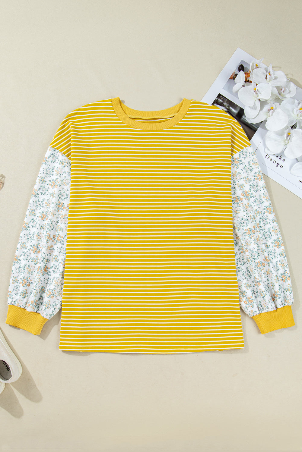 Yellow Stripe and Sage Floral Contrast Long Sleeve Plus Size Top