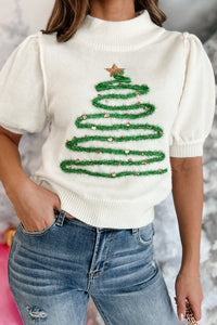 White Tinsel Christmas Tree Graphic Short Sleeve Sweater