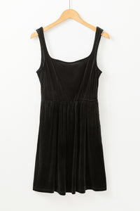 Black Velour Square Neck High Waist Mini Tank Dress with Pockets