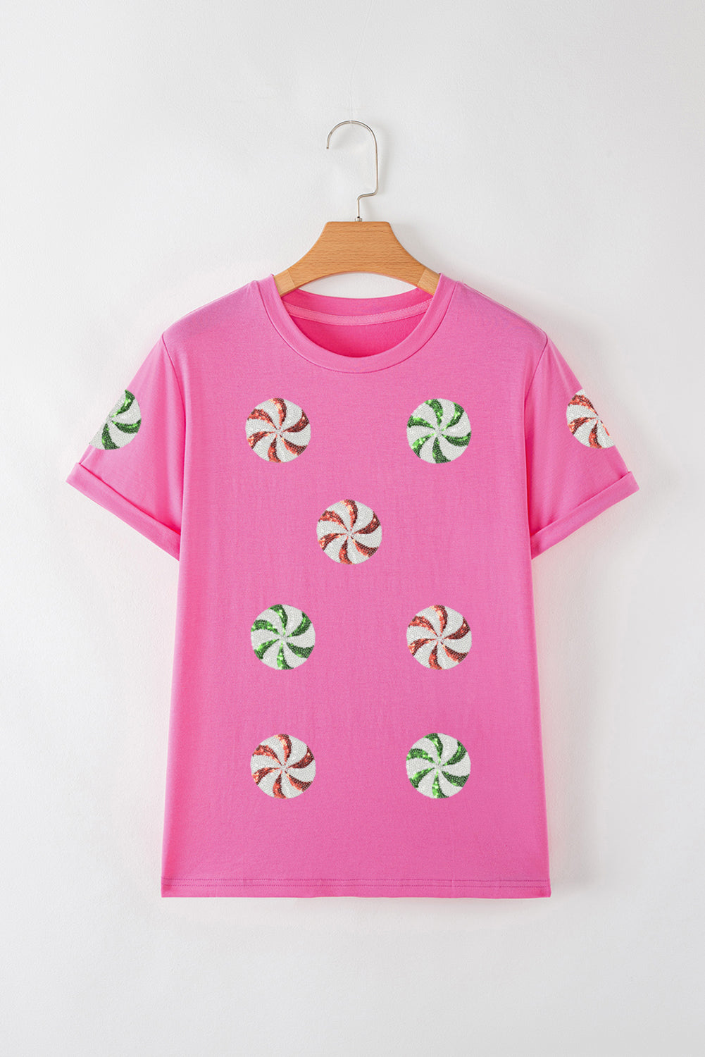 Pink Sequined Peppermint Candy Christmas Tee