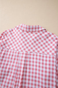 Pink Gingham Button Up Collared Shirt with Chest Pockets