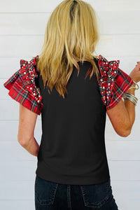 Red Tartan Plaid Pearled Ruffly Cap Sleeve Knit Shirt